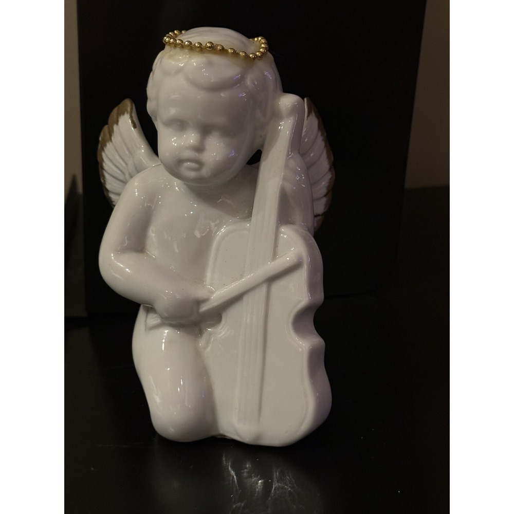 white ceramic angel kneeling Playing Violin w/gold accent 6 inch tall